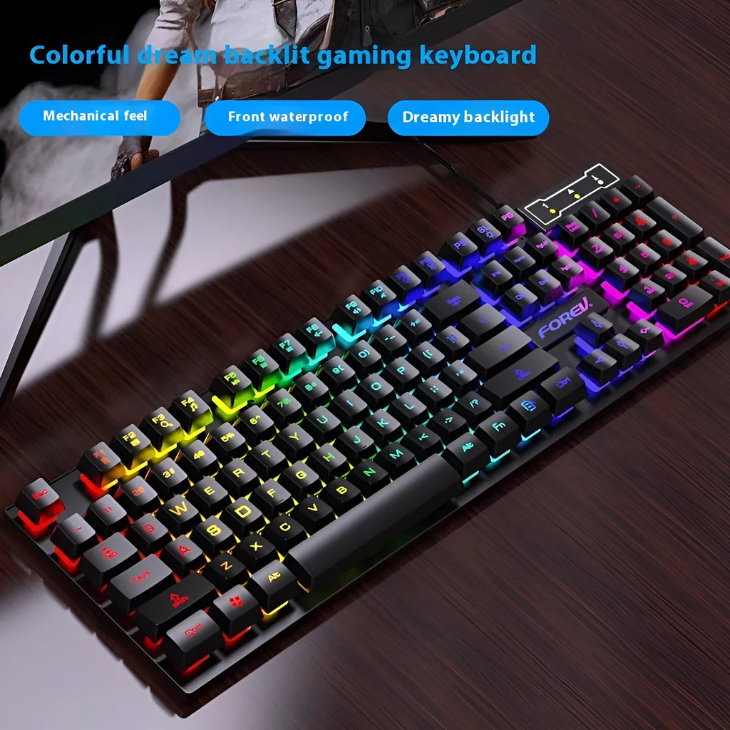 Black gaming keyboard and mouse bundle with backlight illumination on 104 keys