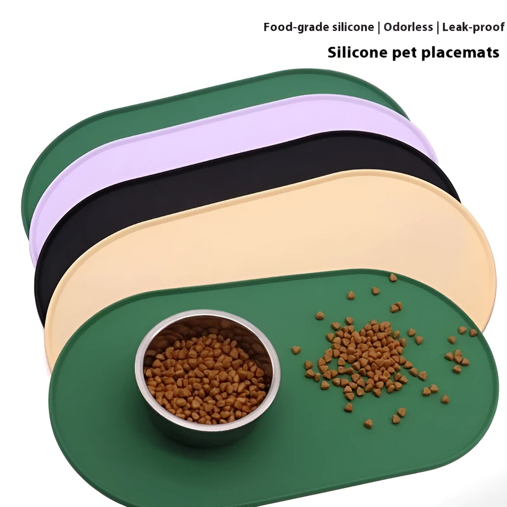 Green silicone waterproof placemat for cat bowls showing large size dimensions.