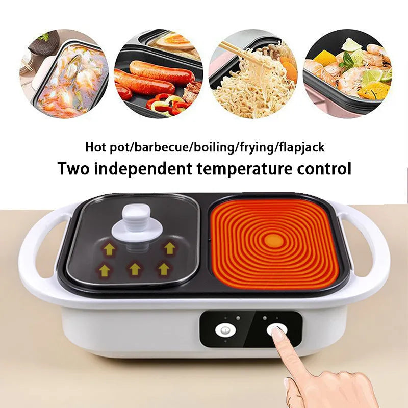 Green and white electric hot pot appliance with mechanical dials, showing dimensions of 390mm by 220mm.