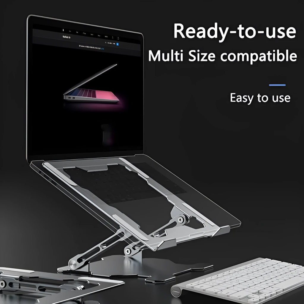 Adjustable aluminium laptop stand in grey or white, showing folding mechanism and silicone protection pads