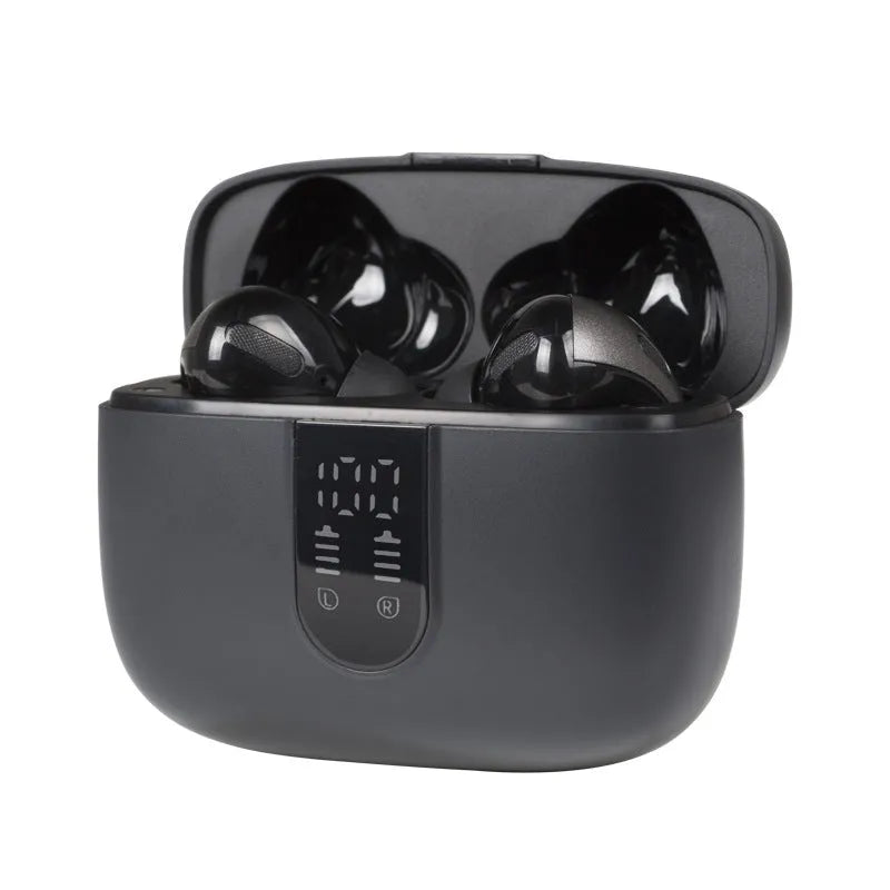 Jerry X08 black wireless Bluetooth in-ear headset with digital display and USB charging case.