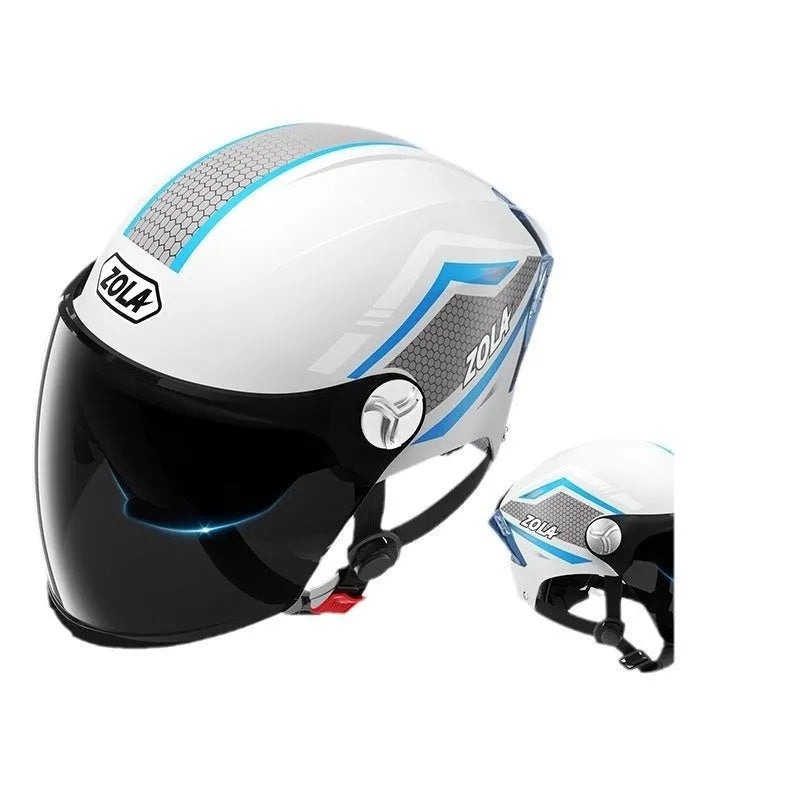 Universal motorcycle half helmet with double mirror sun visor in assorted colours.