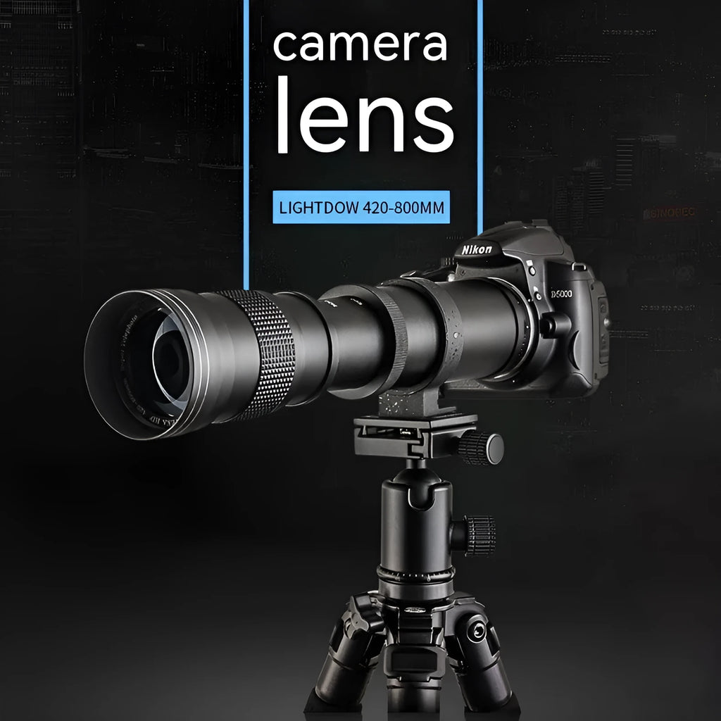 420-800mm manual telephoto zoom adapter lens with collapsed and extended positions showing T-mount connection