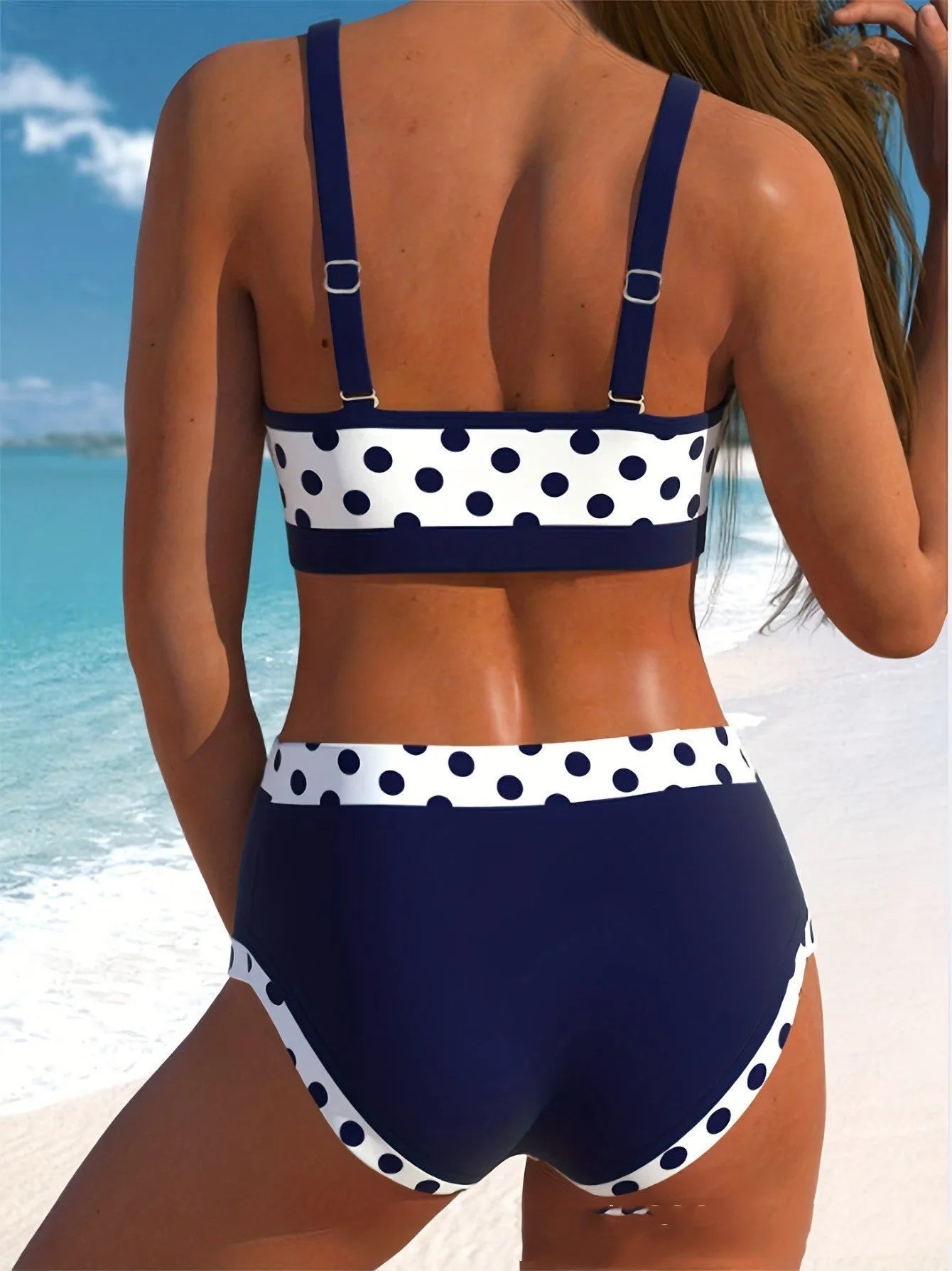 Women's split bikini set with small wave dot pattern in multicolour, boxer style briefs, polyester swimwear