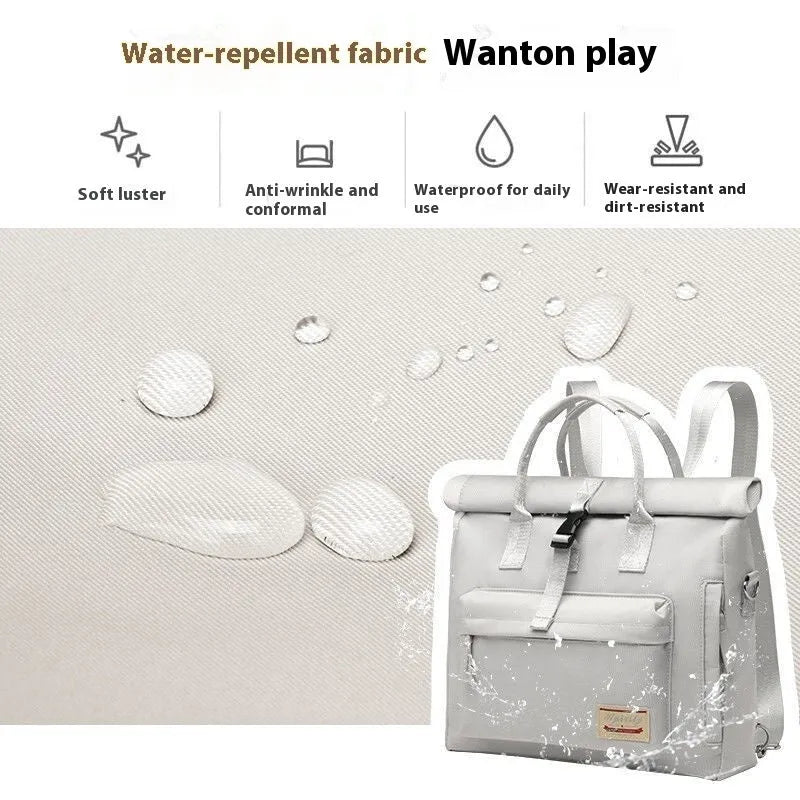 Shockproof inner liner laptop bag in waterproof nylon, shown in black, beige grey, or pink.