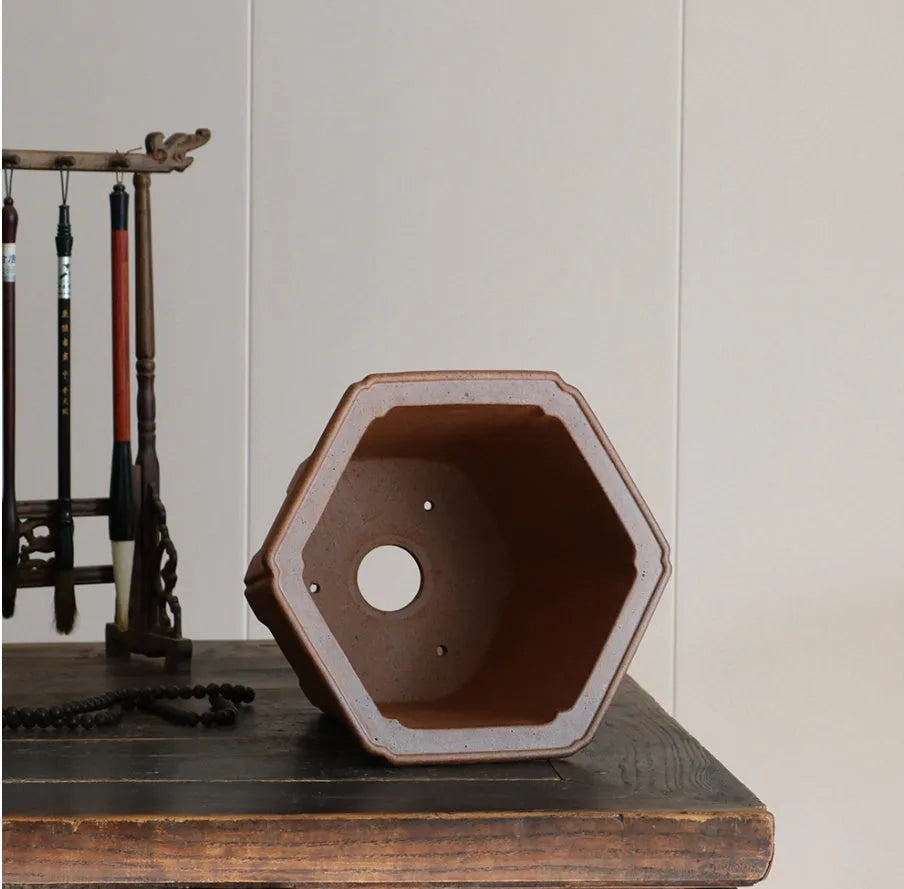 Antique-style hexagonal ceramic orchid bonsai pot with purple sand craft, classical design, squared off hexagon colour.