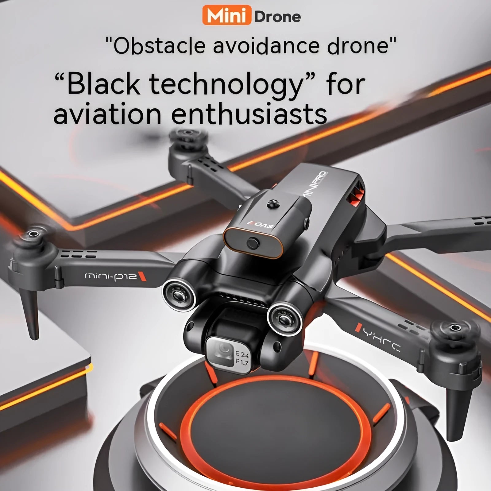 Black quadcopter drone with camera folded on a surface next to its remote control.