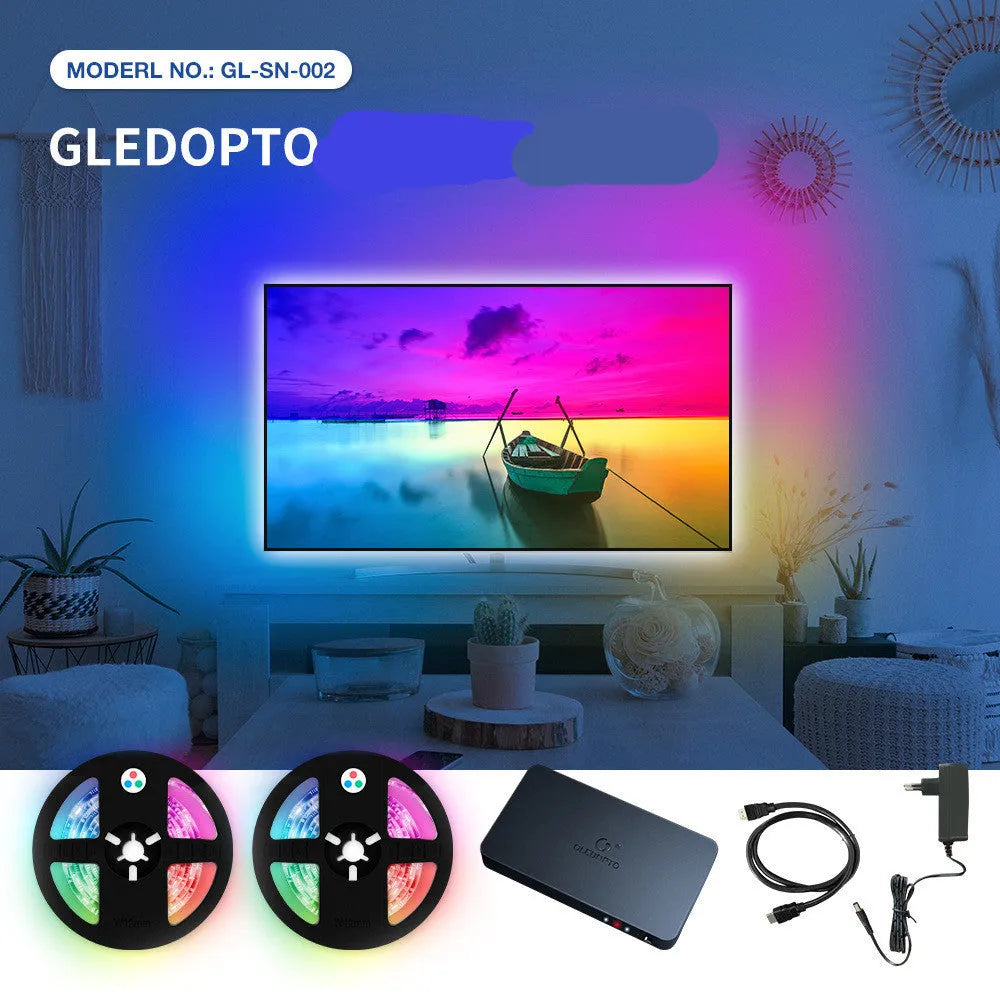 HDMI SYNC RGB LED light strip and 4K display junction box kit with cables for PC and TV backlighting
