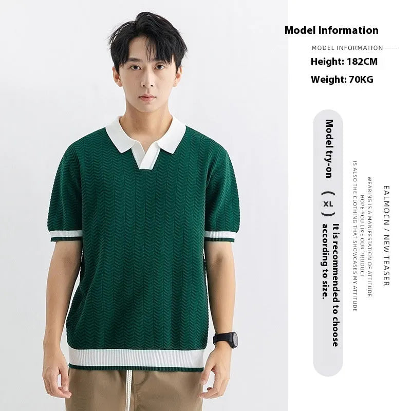Men's ice silk polo shirt short sleeve regular fit striped pattern in dark green