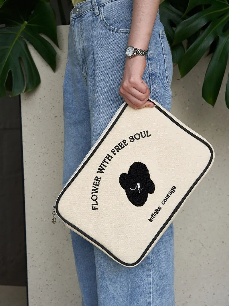 Canvas notebook liner bag with embroidery line terms flowers pattern in simplicity style