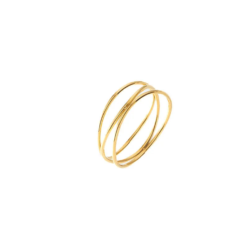 Gold colour titanium steel women's ring with three-layer geometric line design in coiled construction