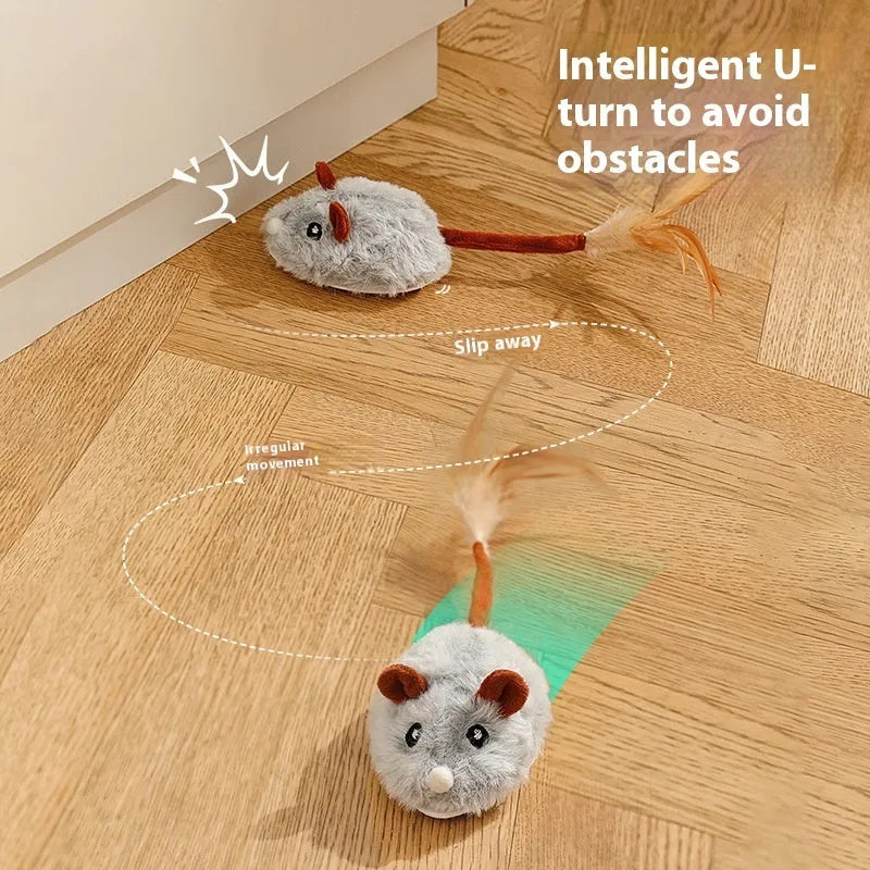 Electric cat toy with plush mouse on pole, available in dark grey, pink or purple colours