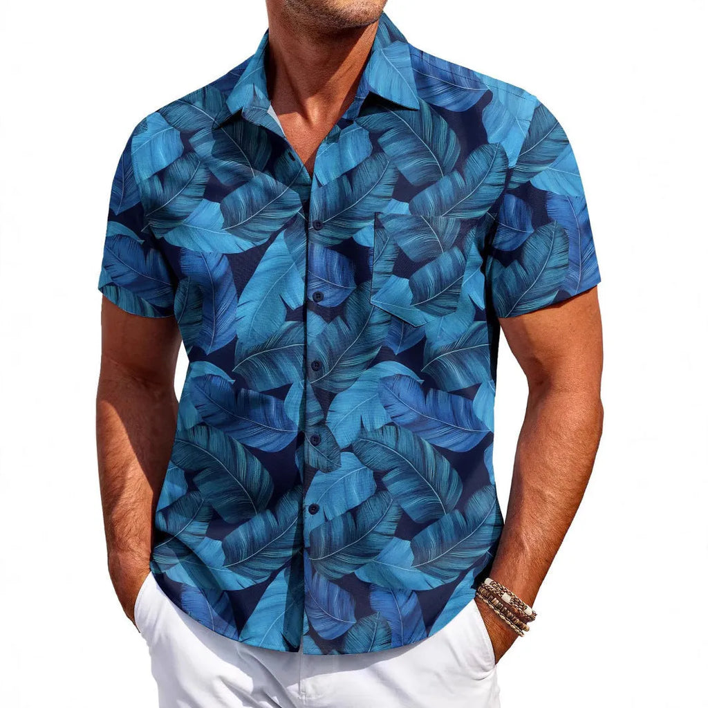 Men's slim-fit Hawaiian short sleeve shirt in elastic polyester fabric showing colour options and sizing