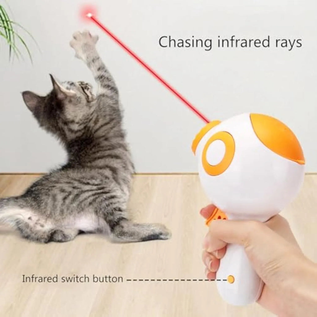 Green, orange, and pink plastic interactive dog treat launcher toy with remote feeding function.