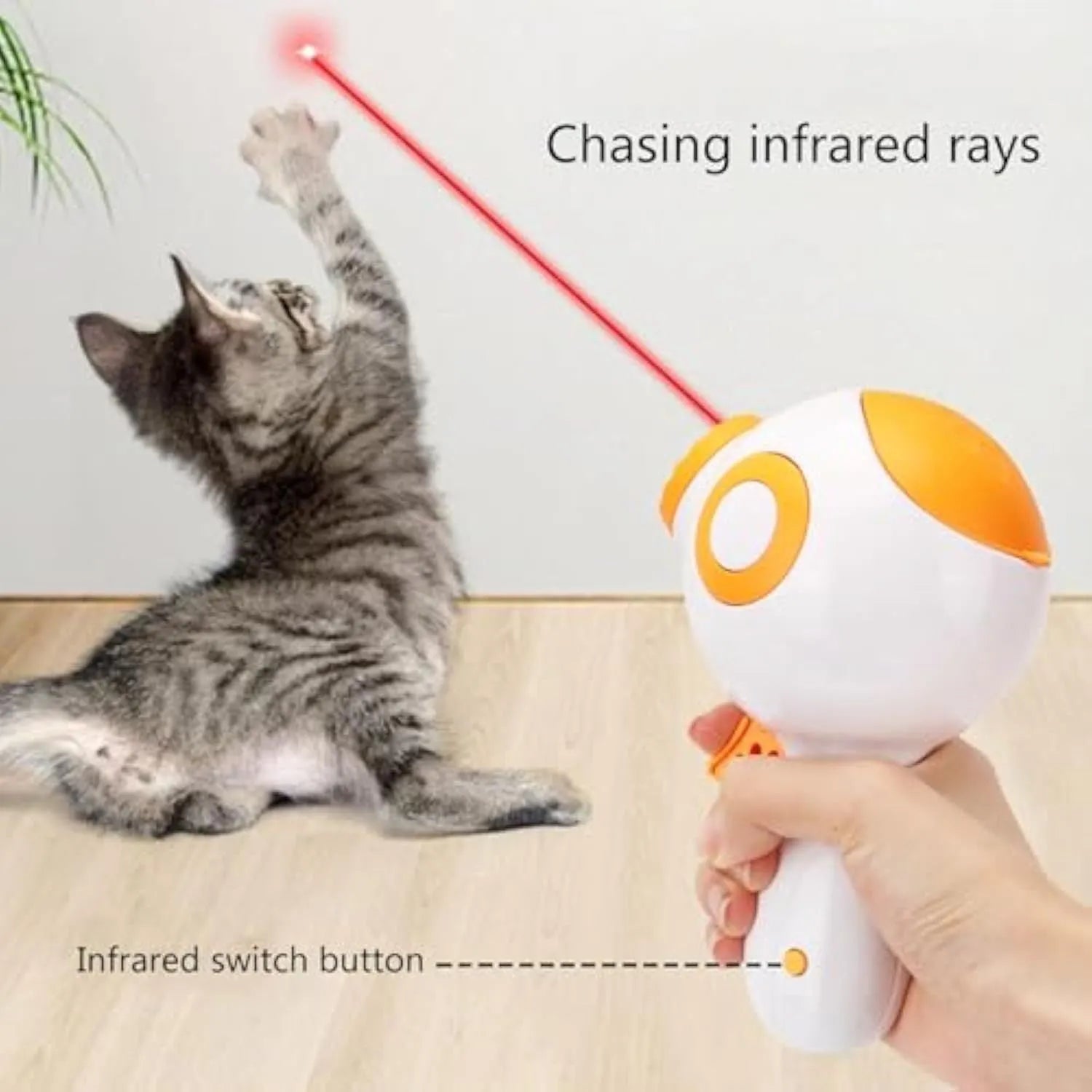 Green, orange, and pink plastic interactive dog treat launcher toy with remote feeding function.