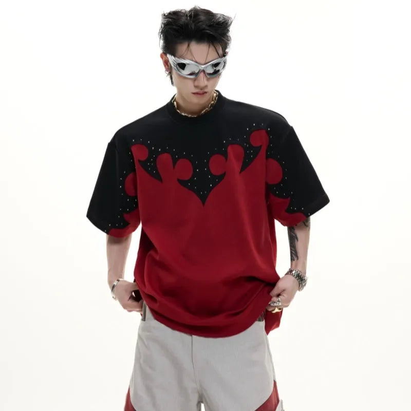 Men's cotton shirt with burnt flower stitching pattern and rhinestone accents on short sleeves