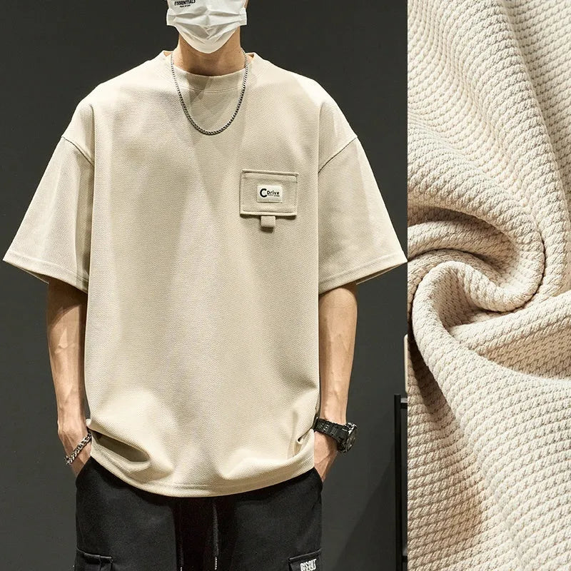 Waffle short sleeve men's t-shirt in apricot, casual round neck, non-iron polyester fabric, American summer style.