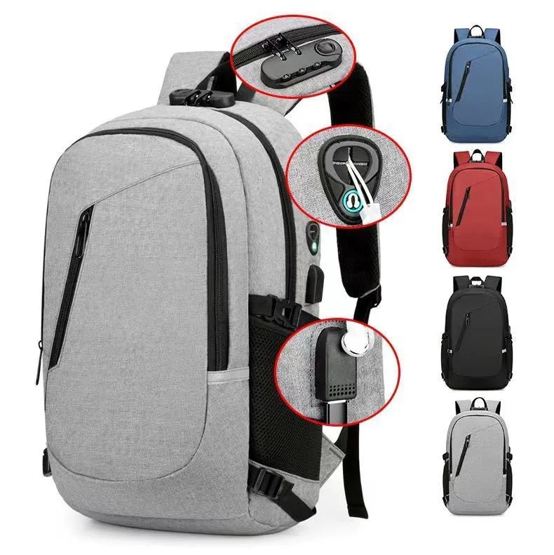 Oxford cloth computer backpack in blue colour showing front view with street trend styling