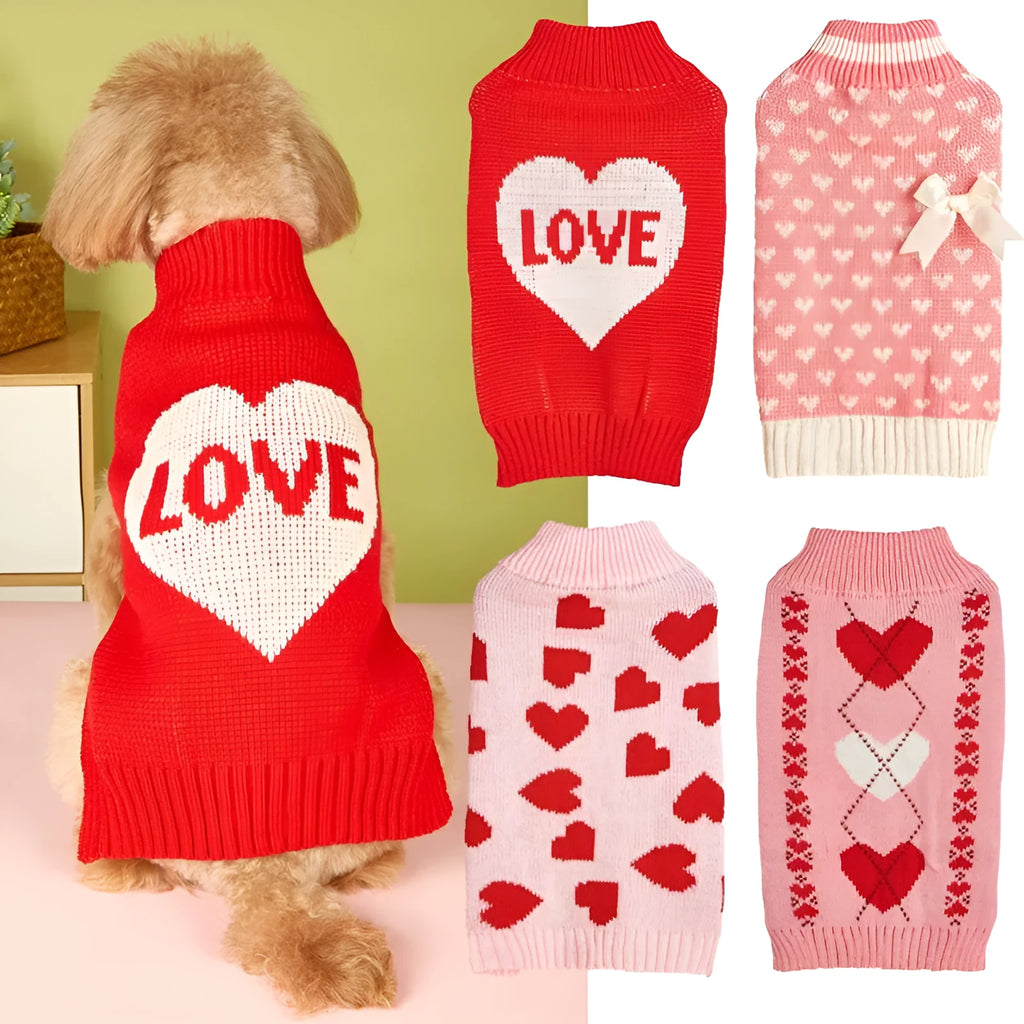 Red love heart design dog sweater on a small dog, showing pink bow detail.