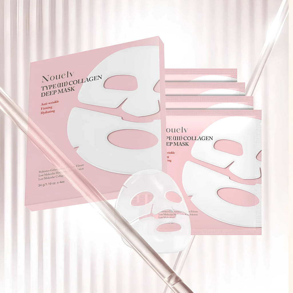 Collagen layered patch mask box containing 4 sheet masks for skincare