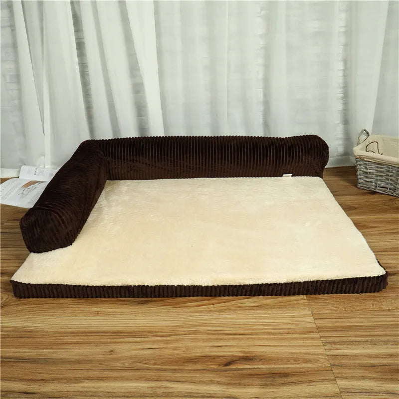 Corduroy pet sofa dog bed in grey, showing removable cover and non-slip base, placed on a hardwood floor.