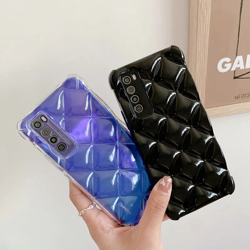 Silicone phone back cover case for Huawei models in solid black, green, pink, or white.