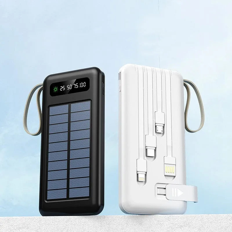 Solar power bank in black or white, showing front panel with solar cells and USB ports.