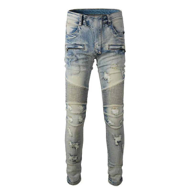 Light blue distressed men's slim fit jeans with hand-frayed rips and a straight leg cut.