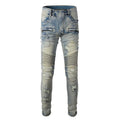 Light blue distressed men's slim fit jeans with hand-frayed rips and a straight leg cut.