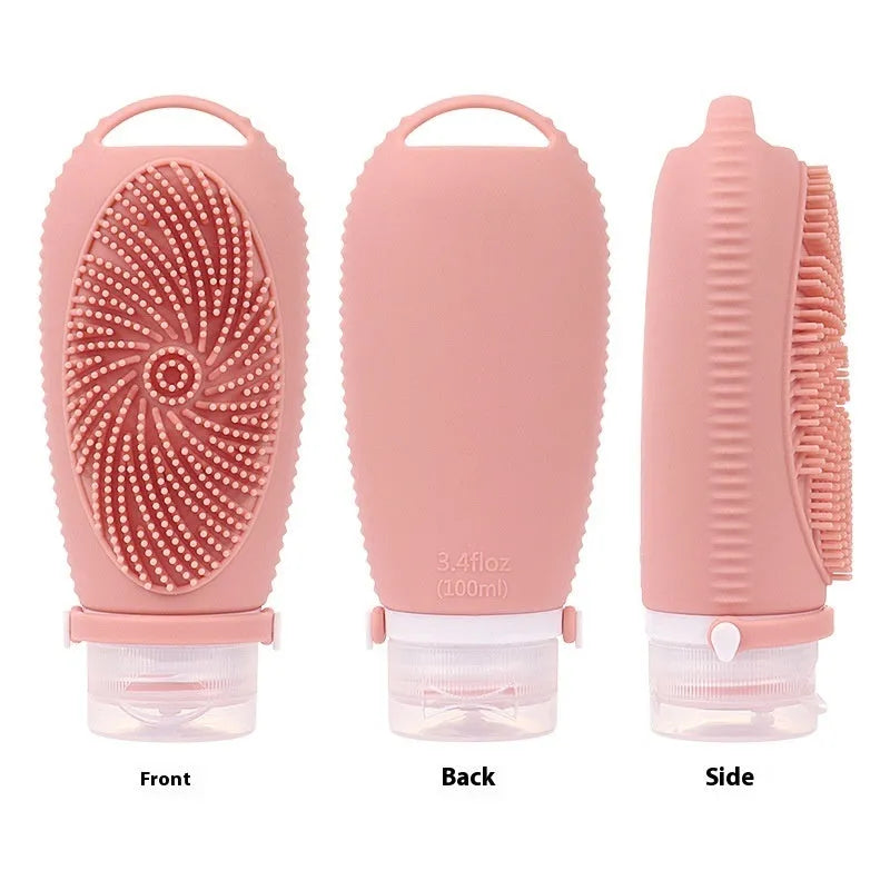 Silicone bath brush storage bottle in various colours including pink, orange and sea blue