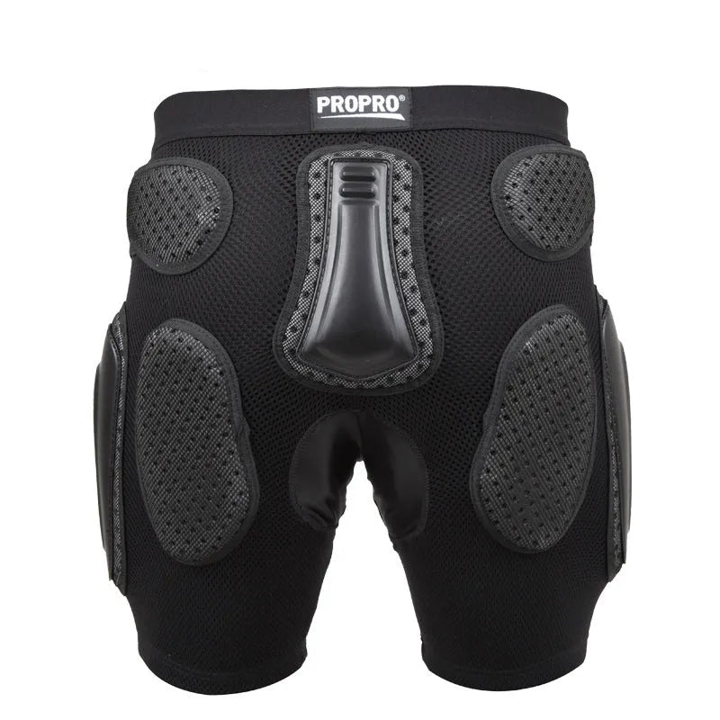 Black cycling hip protection pants showing hip padding areas and four size options