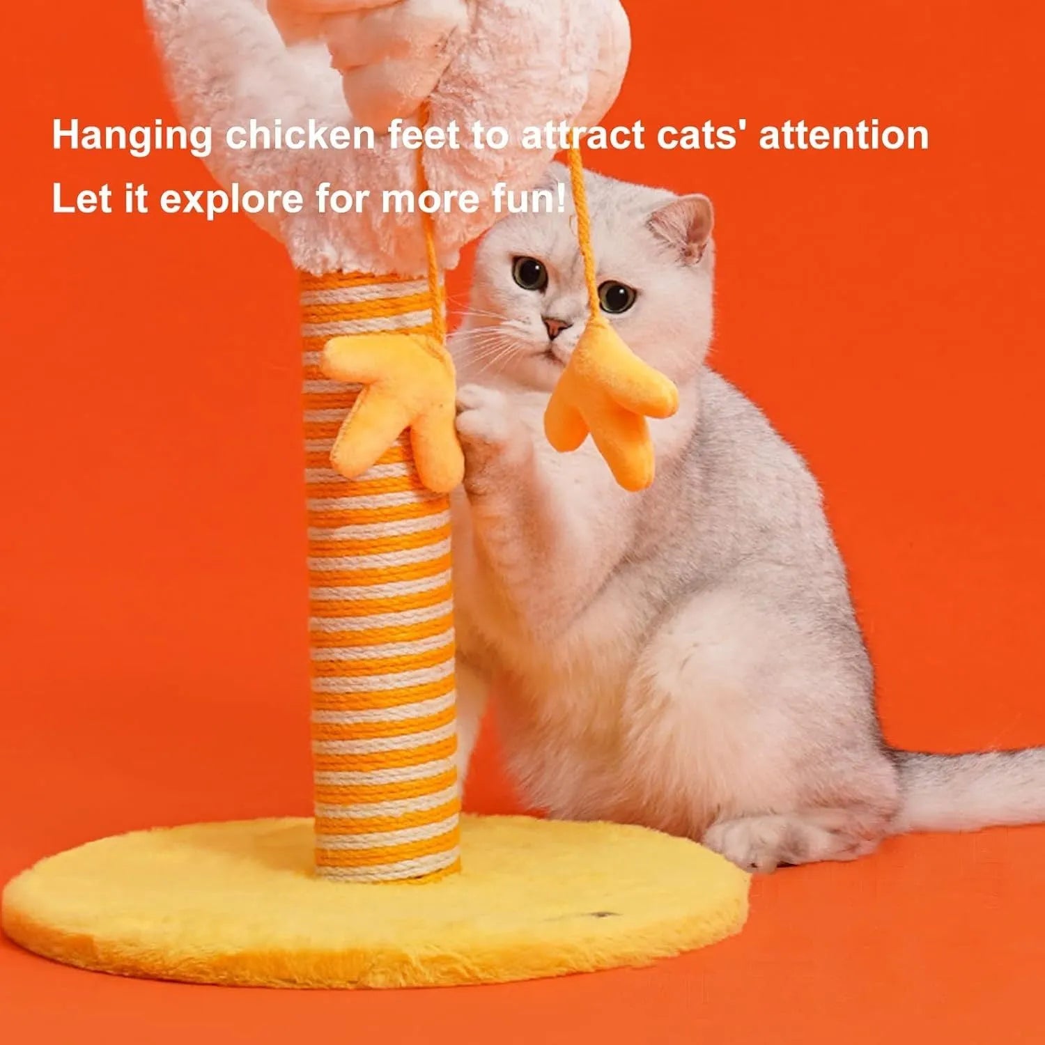 Yellow vertical cat scratching post 88cm tall with sisal rope wrapping and spring ball toy for indoor cats