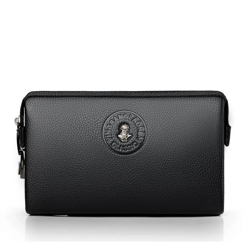 Men's business casual clutch made of soft PU leather, black, with visible sewing line detail and anti-theft design