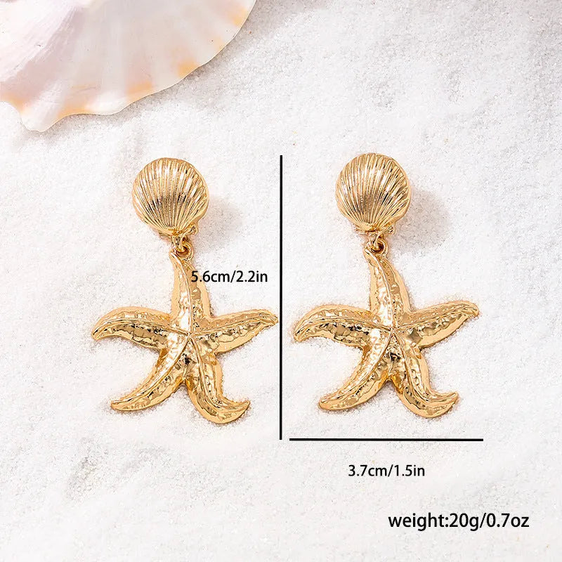 Gold starfish shell drop earrings for women exaggerated personality design