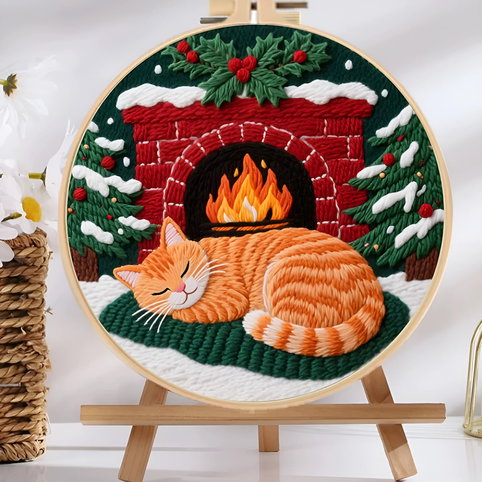 Embroidery material package showing autumn fruit pattern on cotton linen fabric with imitation bamboo frame