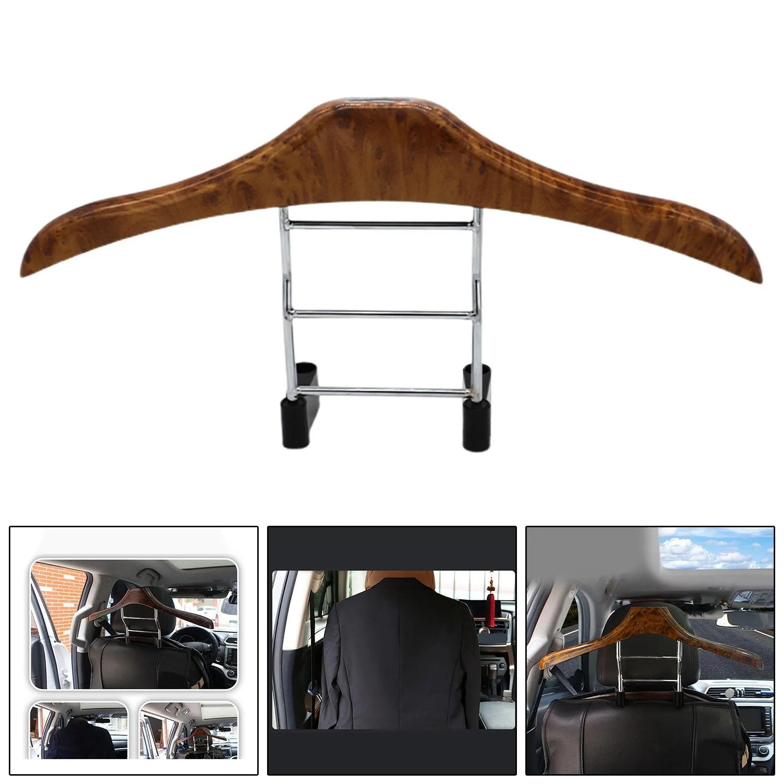 Wood yellow stainless steel car clothes hanger with detachable hook on white background.