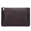 Men's black and brown PU leather clutch wallet with card slots, shown in plaid and smooth finish styles