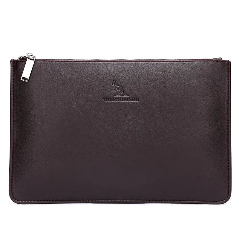 Men's black and brown PU leather clutch wallet with card slots, shown in plaid and smooth finish styles