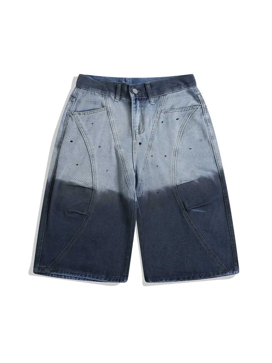 Blue tie-dye gradient cropped jeans with loose fit and mid-waist design