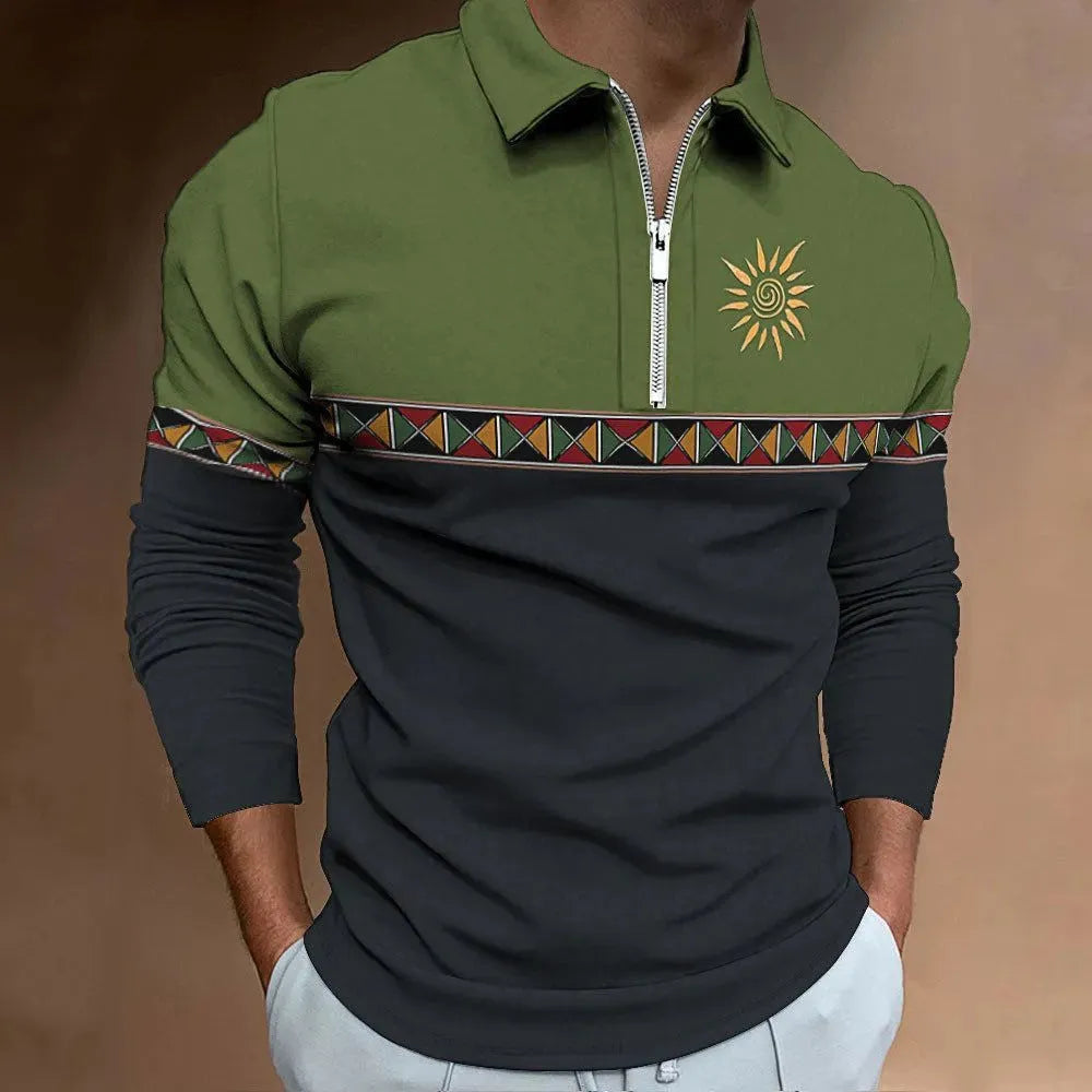 Men's retro colour stripe print golf top with zipper decorations, loose fit long sleeve polyester T-shirt