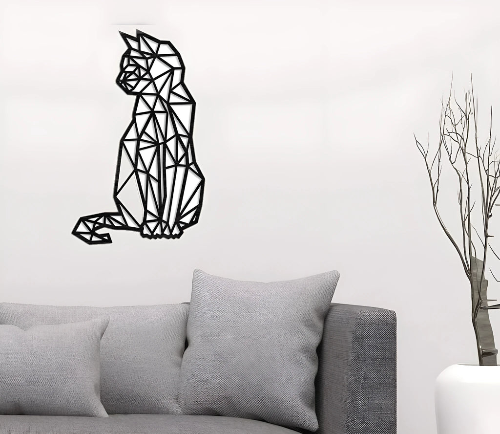 Carved metal wall art cat shape black galvanised iron 46x30 centimetre laser engraved