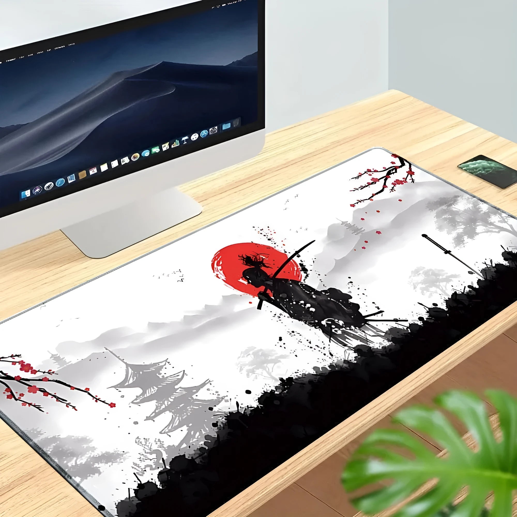 Japanese samurai design cloth mouse pad with non-slip rubber base in various sizes