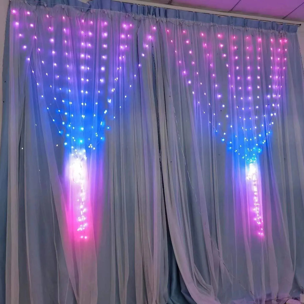 Programmable magic curtain light with 400 LEDs, Bluetooth APP control, and leather wire casing in decorative use