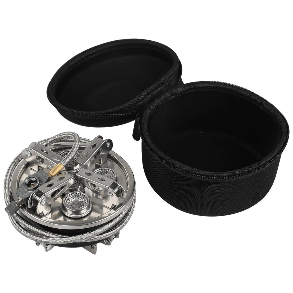 Silver portable stainless steel split camping stove with a long hose, shown folded.