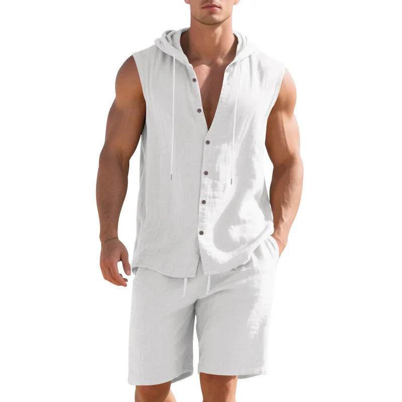 Men's linen sleeveless shirt and shorts suit on a hanger, shown in a light colour.