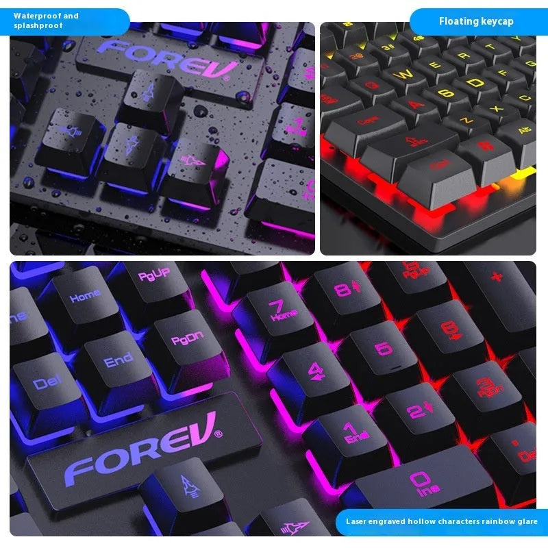 Black gaming keyboard and mouse bundle with backlight illumination on 104 keys