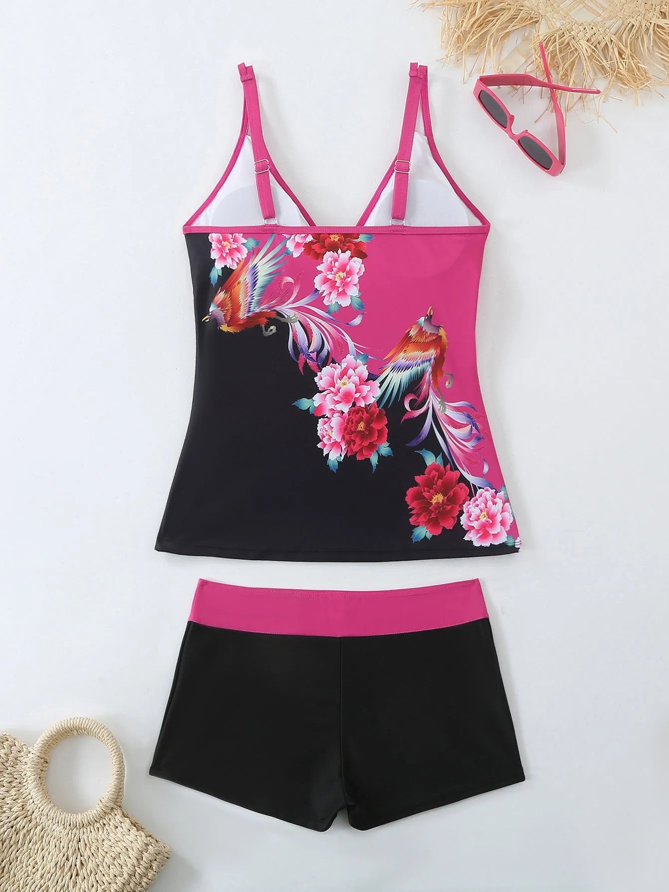 Women's plus size two-piece swimsuit in black or rose red printed colour with cotton lining