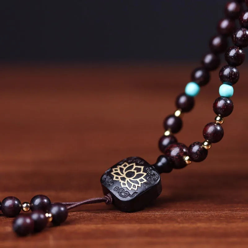 Zambia rosewood Buddha beads DIY bracelet with flat lotus pendant and 108 wooden beads