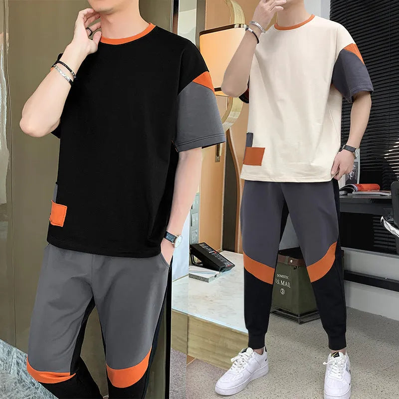 Men's cotton short-sleeved T-shirt with colour-block design in black and khaki, sizes M to 4XL