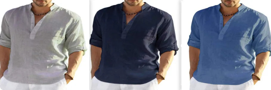 Men's solid colour long sleeve casual shirt with a stand collar, shown in a light blue shade.